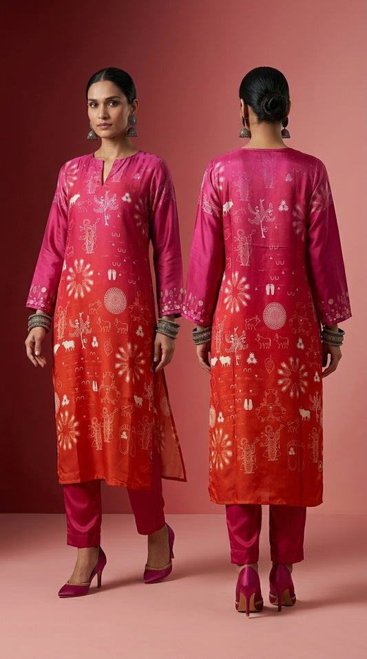 Woman wearing a pink and red traditional outfit with patterns on a pink background