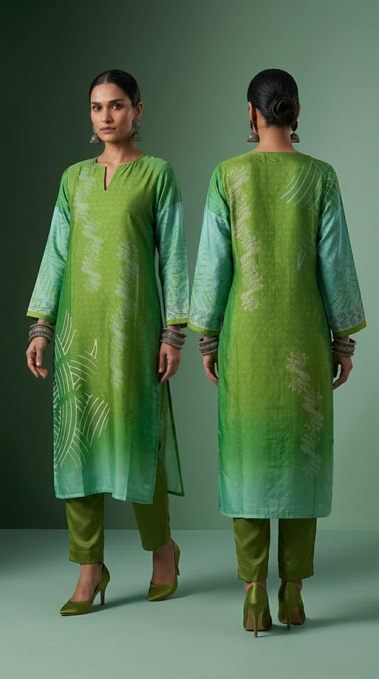 Woman wearing a green kurta with matching pants, shown from front and back against a green background.