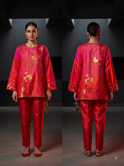 SemiStitched zariwoven Crimson-Red chanderi Tunic