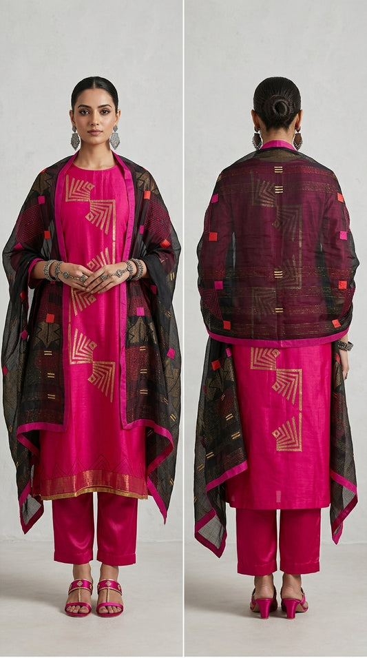 Semi Stitched Formal chanderi Suitset
