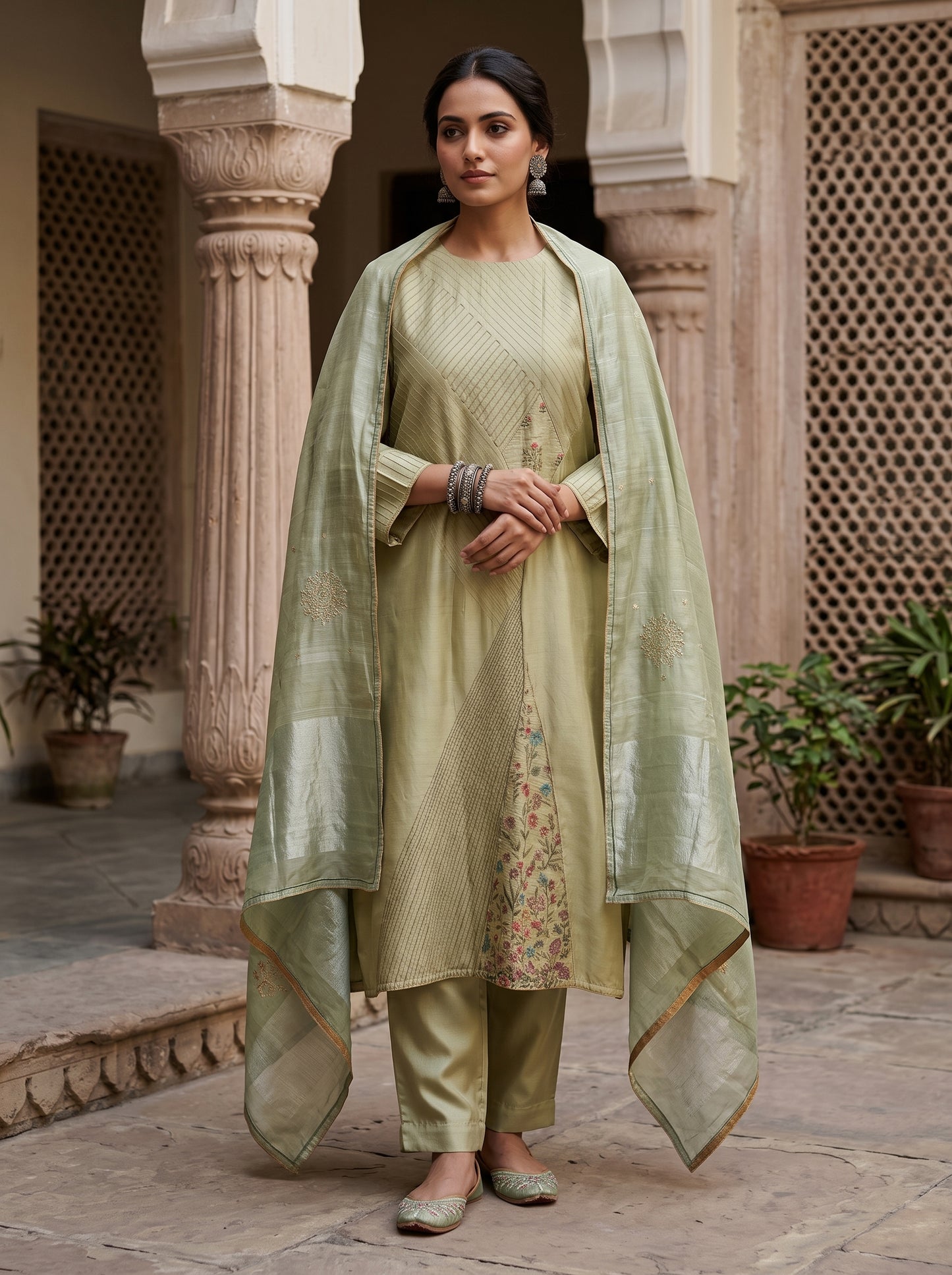Semi Stitched Chanderi Formal Suitset