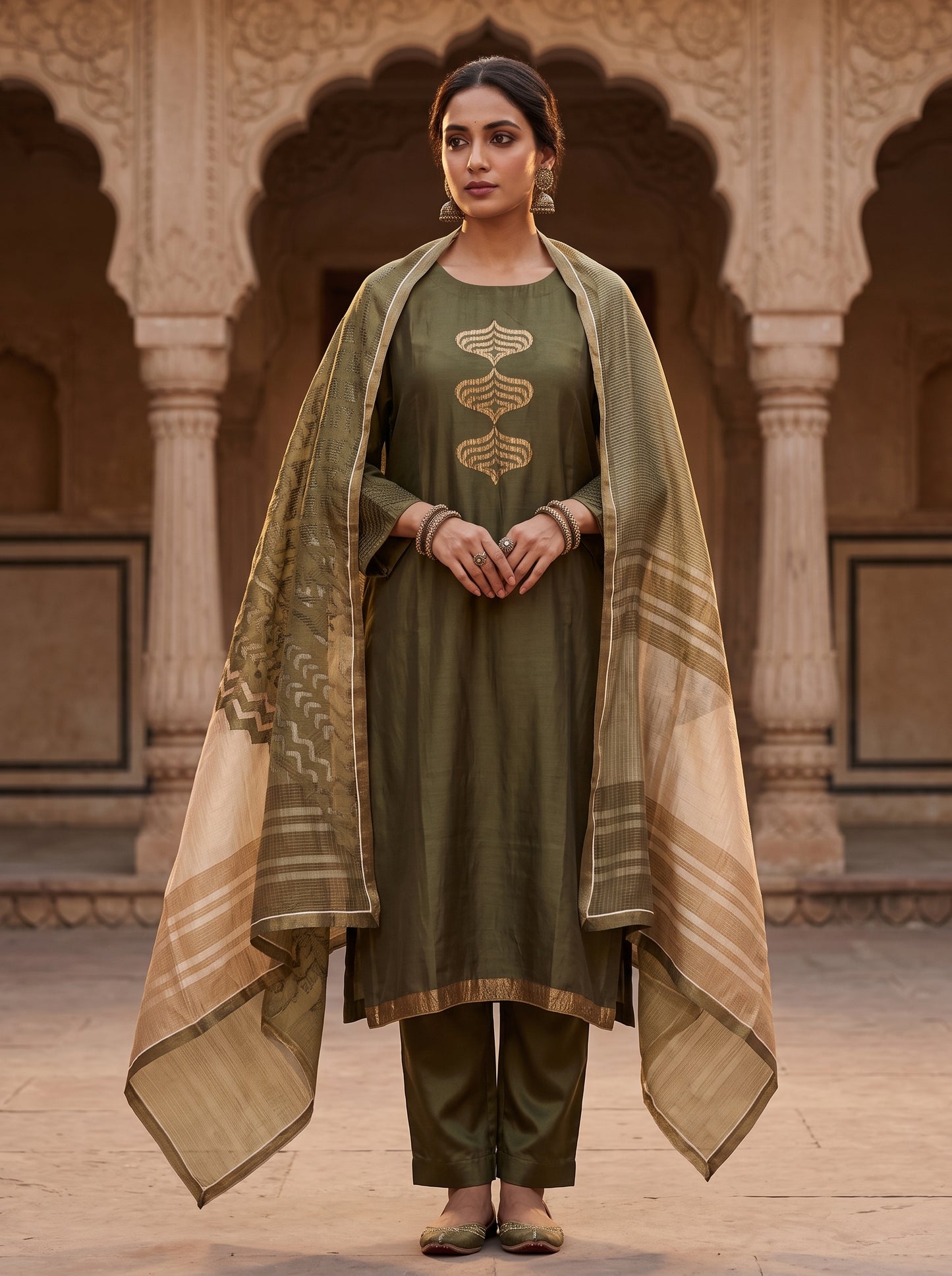 Semi Stitched Chanderi Formal Suitset