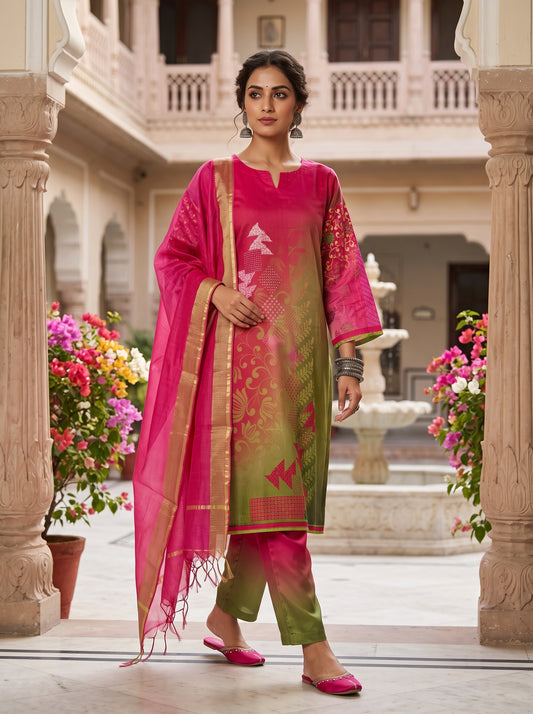 Semi Stitched Cotton Satin Casual Suitset