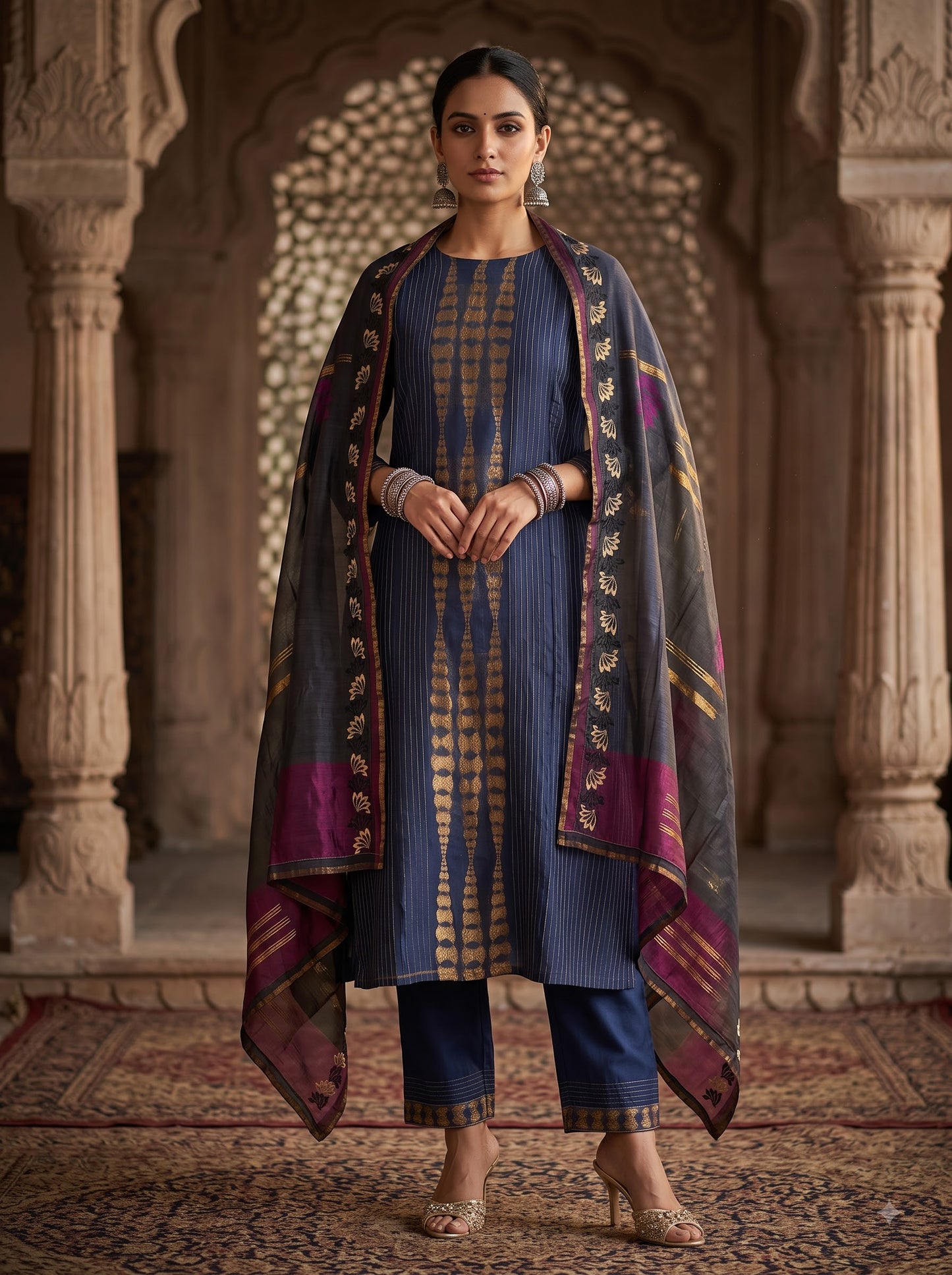 A woman stands in an ornate stone archway wearing a traditional Indian outfit consisting of a navy blue kurta with gold zari embroidery, matching navy blue pants, and a sheer navy dupatta with purple and gold borders.