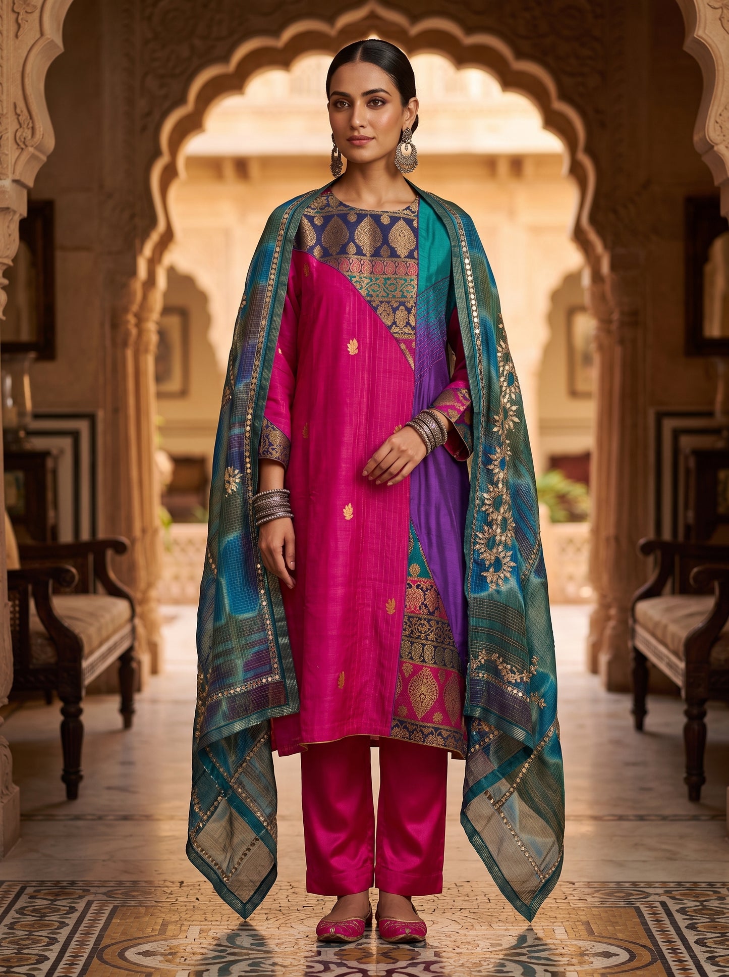 Semi Stitched Chanderi Formal Suitset