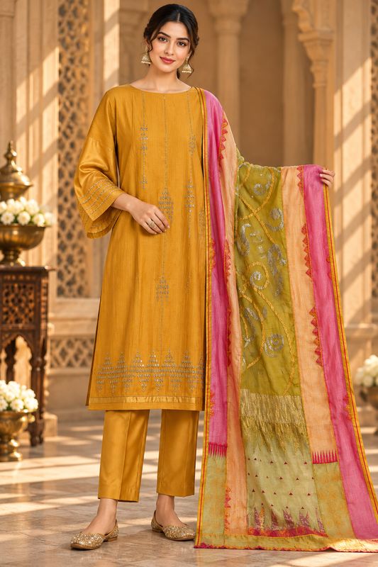 Semi Stitched Chanderi Formal Suitset