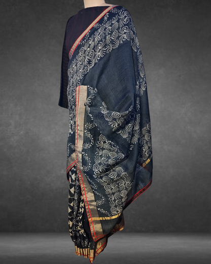 Block Printed Pure Silk linen kota Saree VISHAL KAPUR STUDIO