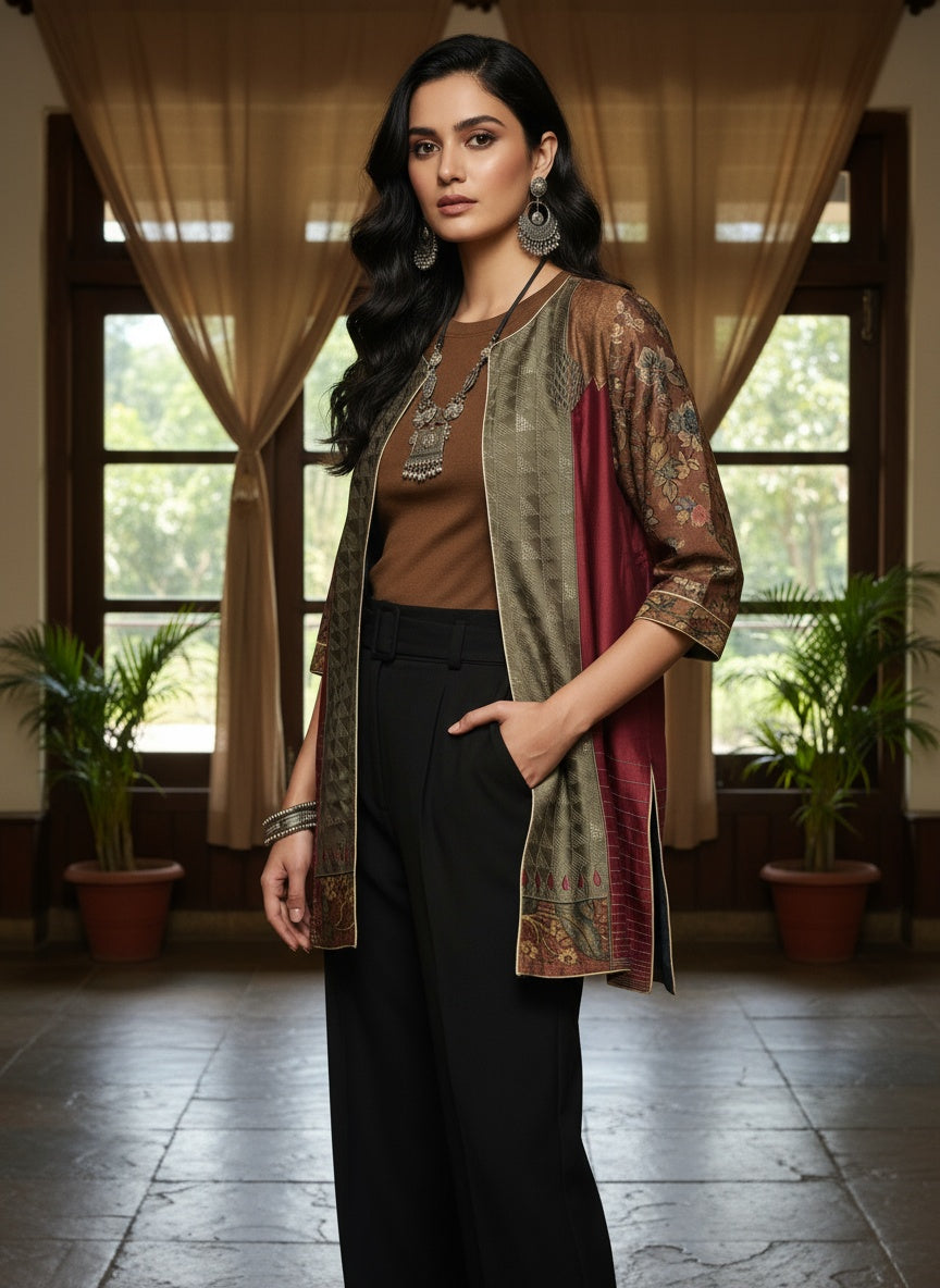 Stitched Chanderi Kalamkari long Jacket VISHAL KAPUR STUDIO