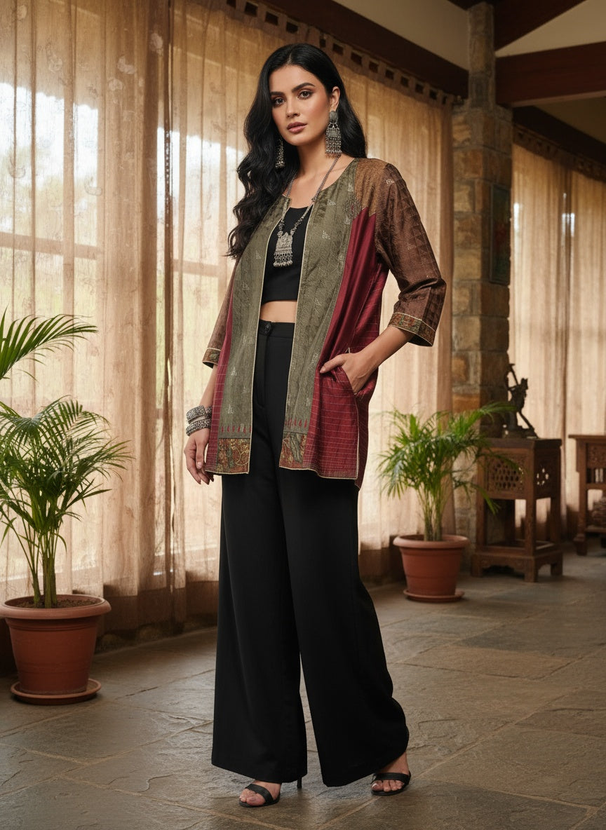 Stitched Chanderi Kalamkari long Jacket VISHAL KAPUR STUDIO