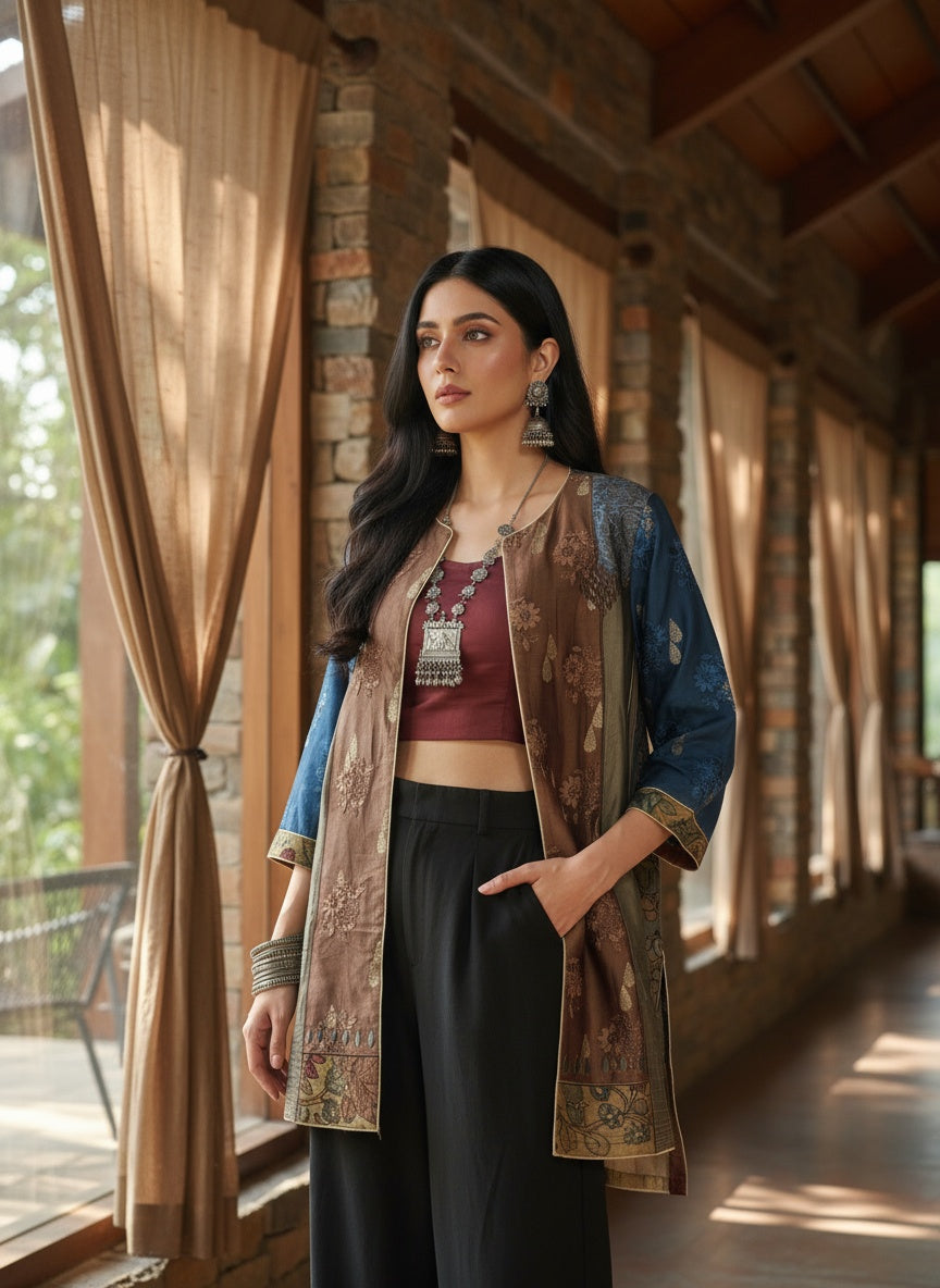 Stitched Chanderi Kalamkari long Jacket VISHAL KAPUR STUDIO