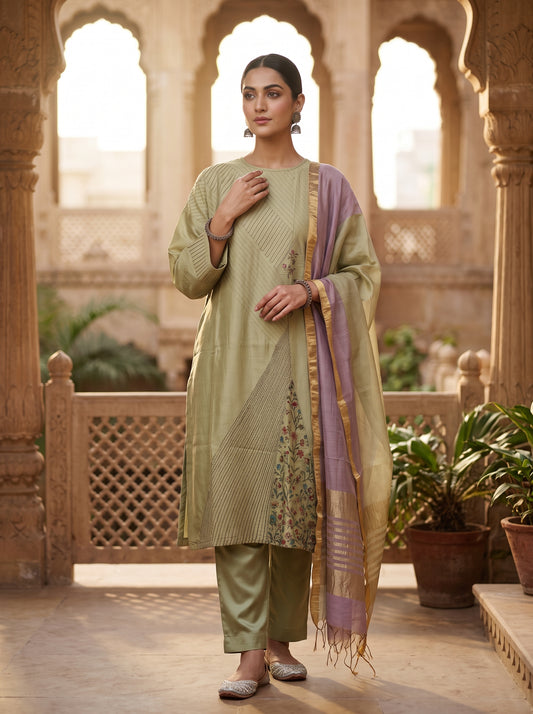 Semi Stitched Chanderi Formal Suitset