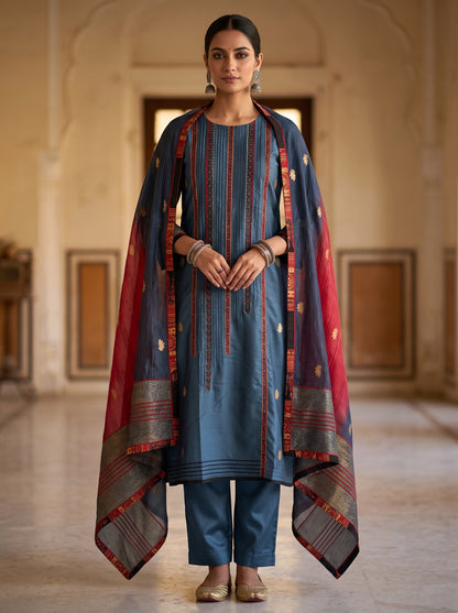 Semi Stitched Chanderi Formal Suitset