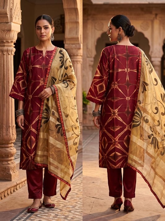 Semi Stitched Chanderi Casual Suitset