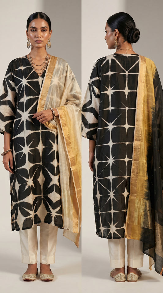 Woman wearing a black and white patterned kurta with a gold dupatta, shown from front and back.