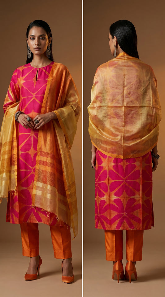 Orange and pink patterned kurta and orange dupatta with a white background 