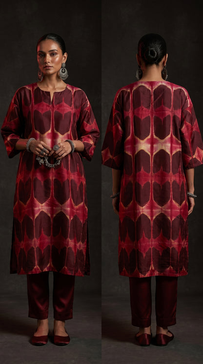 Woman wearing a red and black patterned kurta from front and back views on a dark background