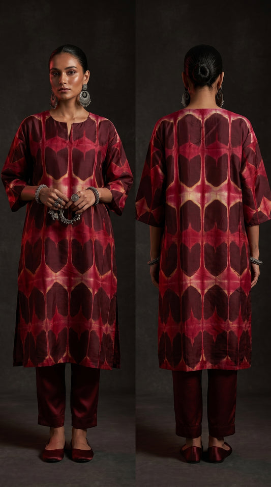Woman wearing a red and black patterned kurta from front and back views on a dark background
