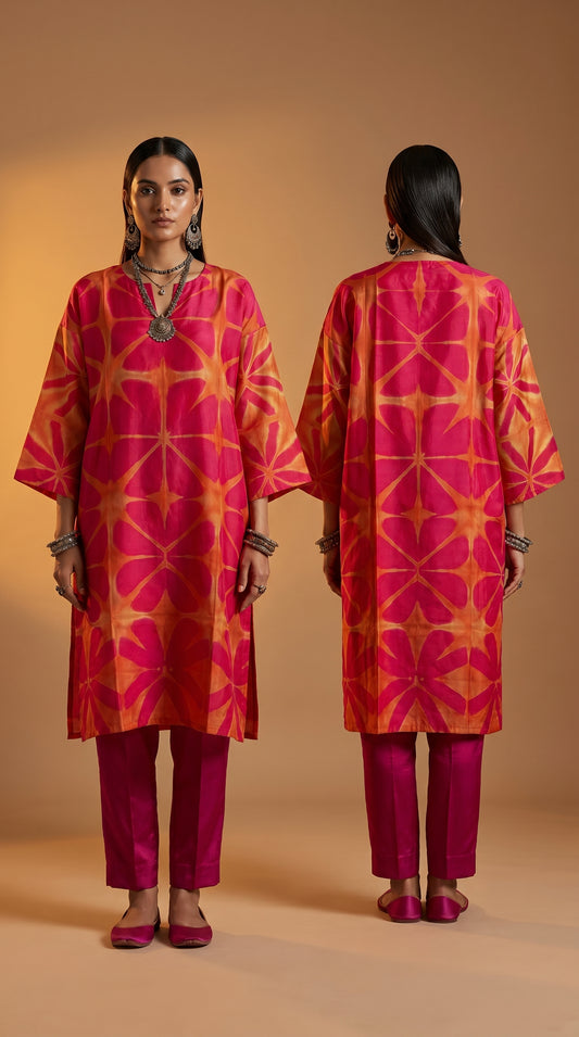 Woman wearing a pink and orange patterned kurta with magenta pants, standing against a beige background.