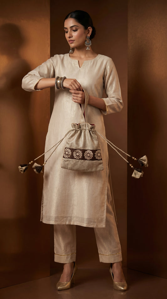 Woman holding a beige handbag with decorative elements against a brown background