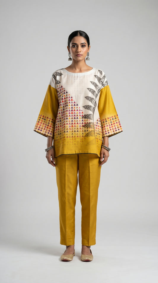 Woman wearing a patterned tunic and mustard yellow pants on a white background