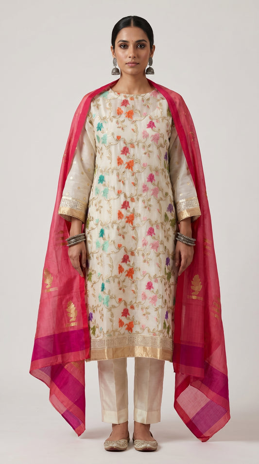 Woman wearing a floral kurta with a pink dupatta on a white background