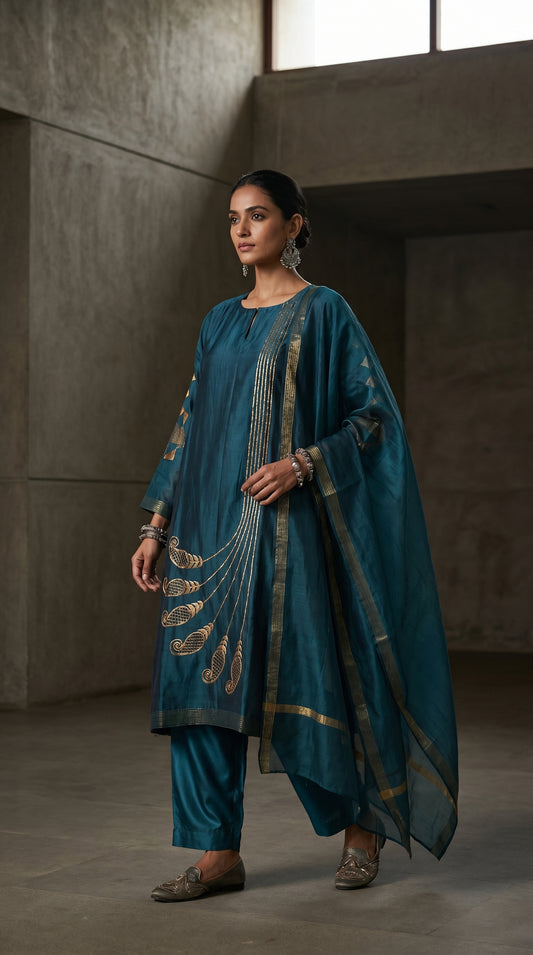 Semi Stitched Chanderi Formal Suitset