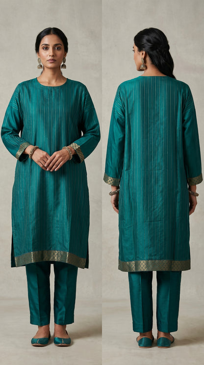 Teal traditional kurta with gold trim worn by a model on a neutral background