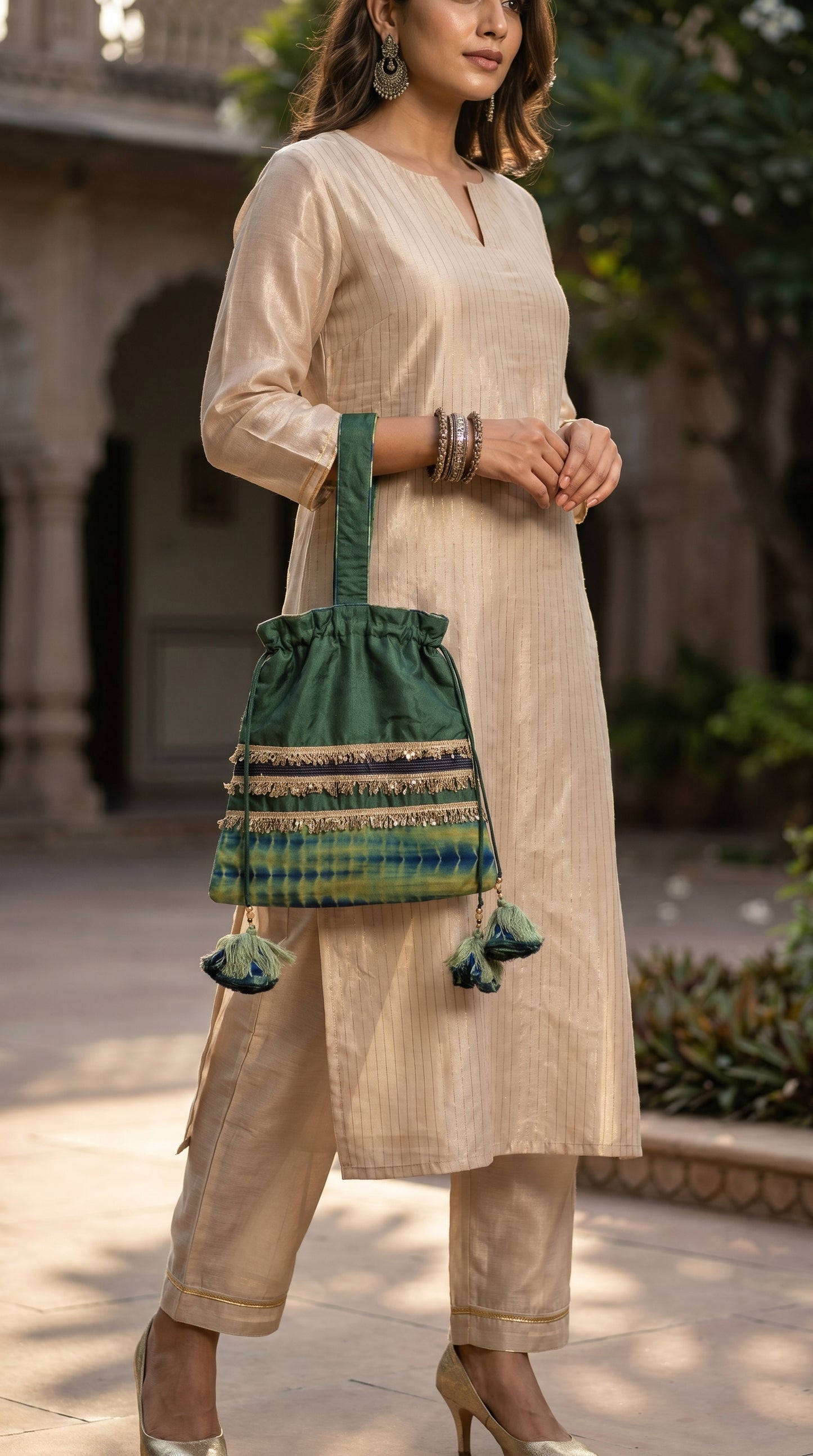 Ayaan Emerald Gold Embroidered Festive Potli