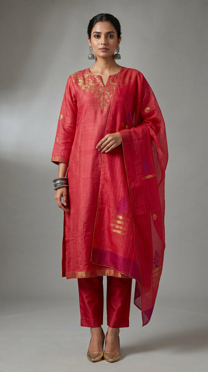 Semi Stitched Chanderi Formal Suitset