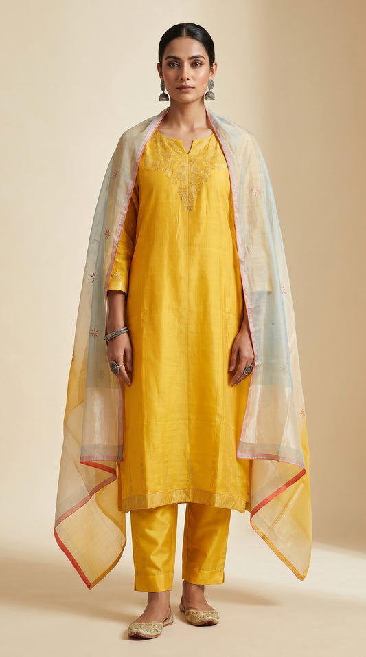 Semi Stitched Chanderi Formal Suitset