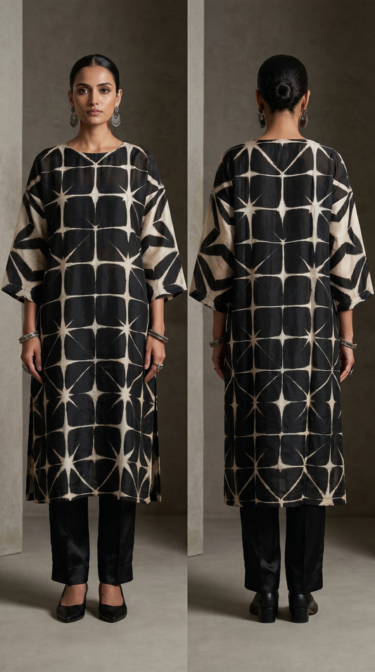 Woman wearing a black and white patterned kurta and black pants with a plain background