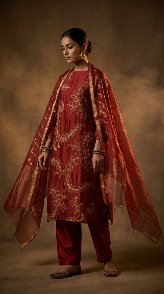 Semi Stitched Chanderi Formal Suitset