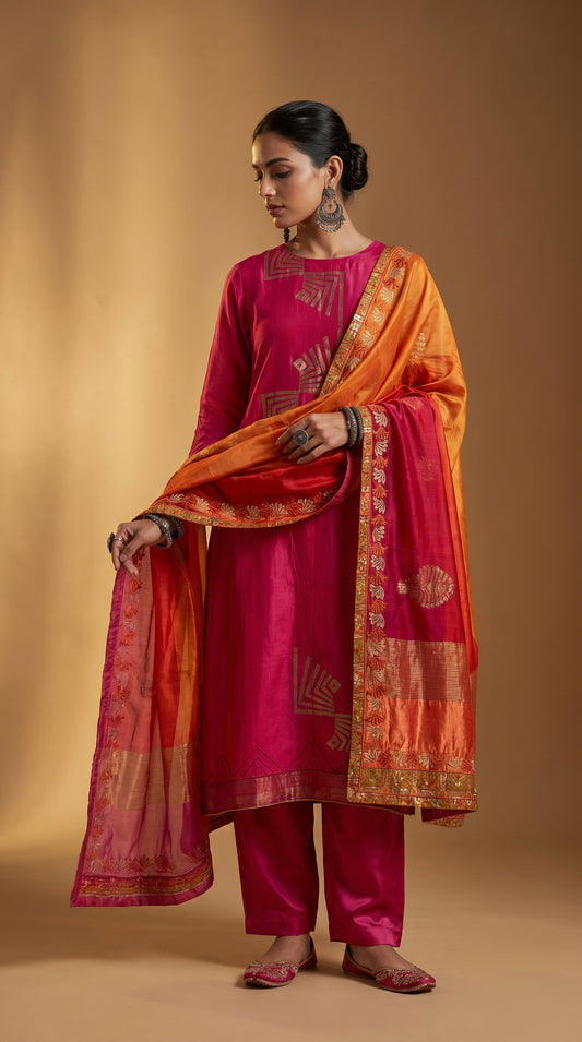 Semi Stitched Chanderi Formal Suitset