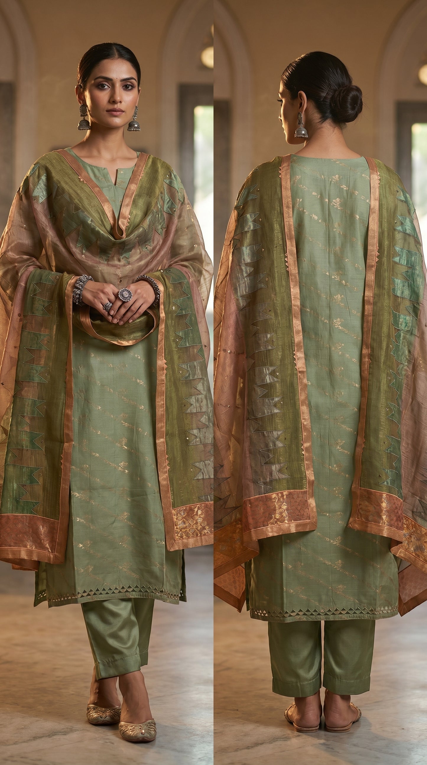 Green kurta and brown dupatta on a white background
