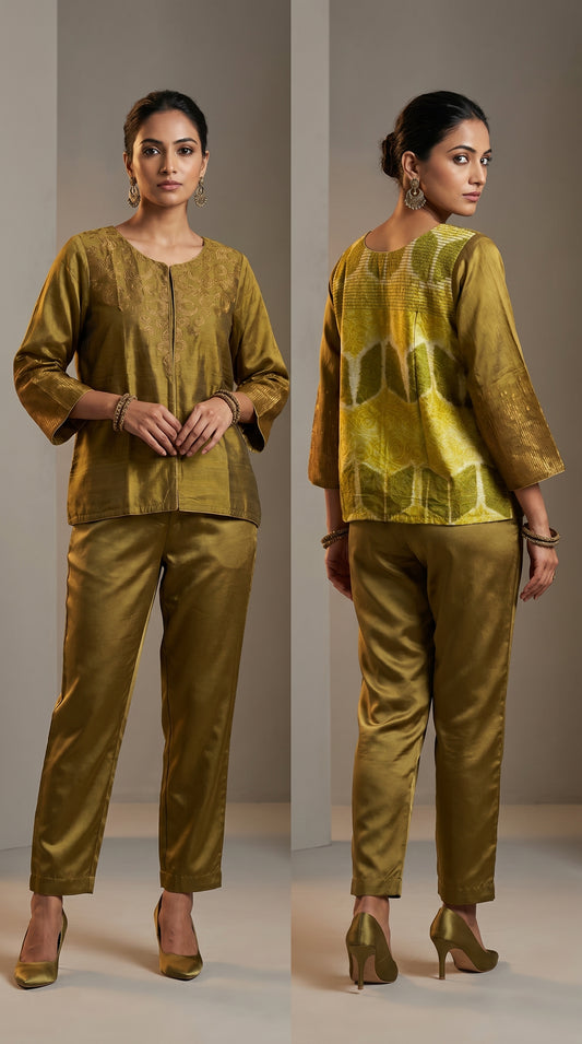 Woman wearing a green traditional jacket with a top and pants on a neutral background