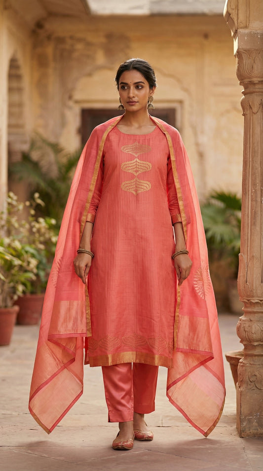 Semi Stitched Formal chanderi Suitset