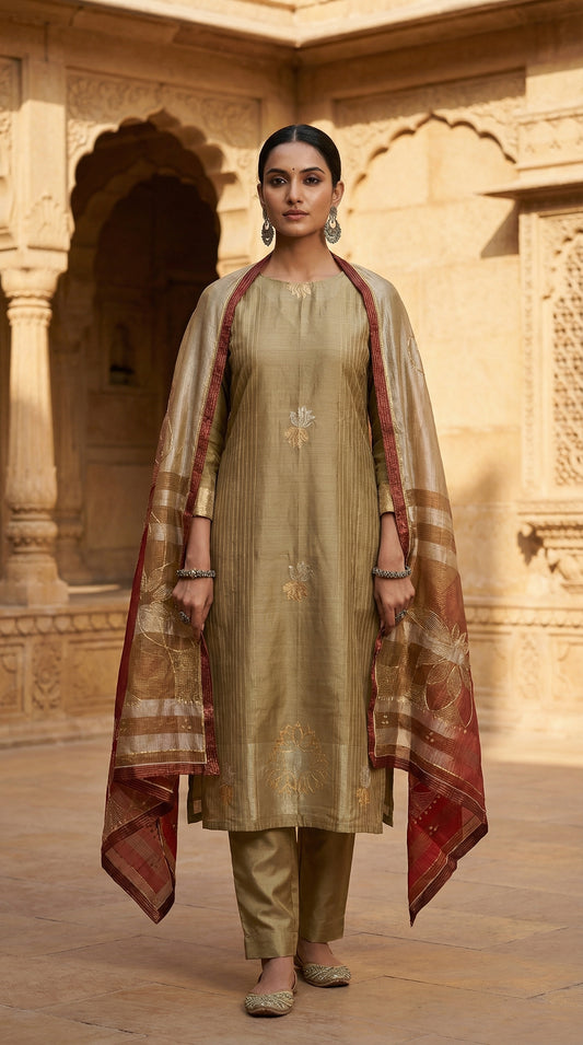 Semi Stitched Formal chanderi Suitset