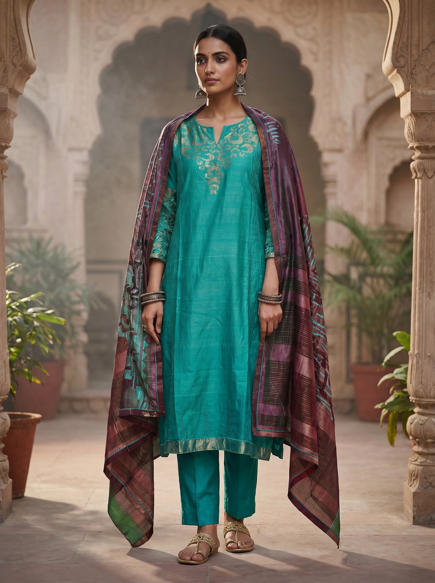 Semi Stitched Chanderi Formal Suitset
