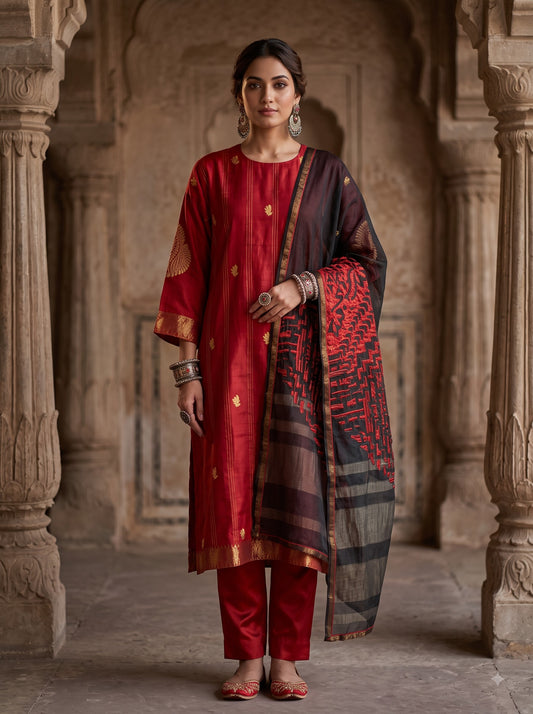 Semi Stitched Chanderi Formal Suitset