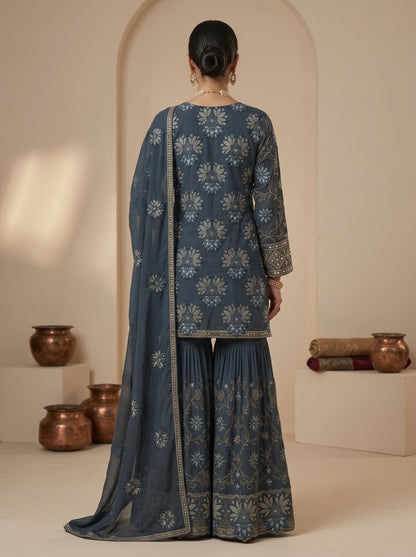 Emerald Green Floral Embroidered Georgette | Couture Sharara Set