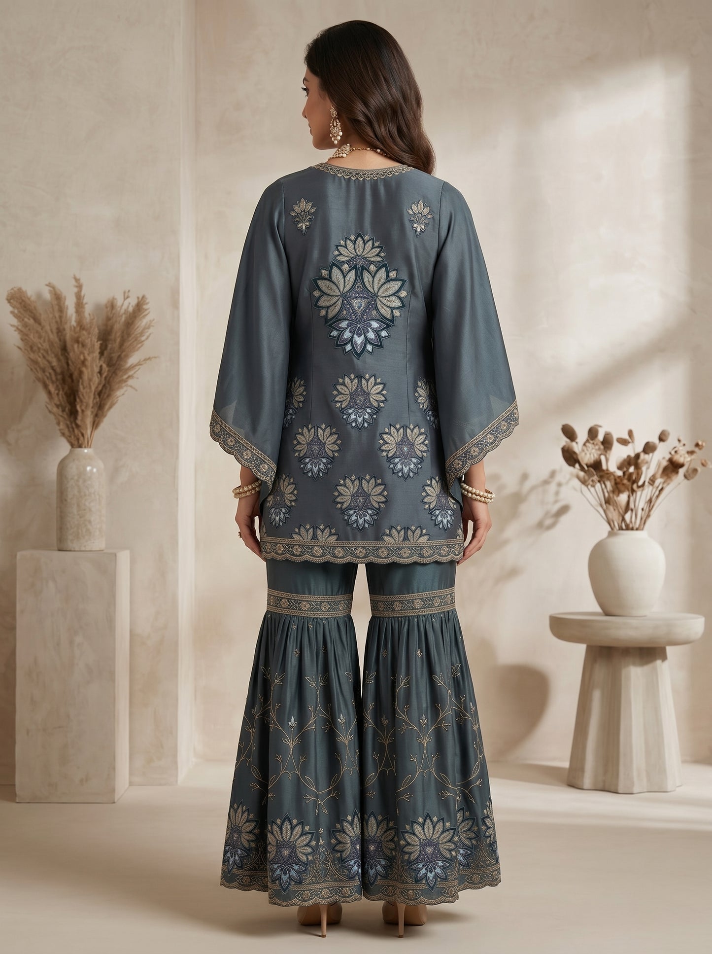 Deep Plum Floral Embroidered Georgette | Couture Sharara Set