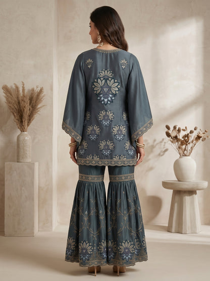 Deep Plum Floral Embroidered Georgette | Couture Sharara Set