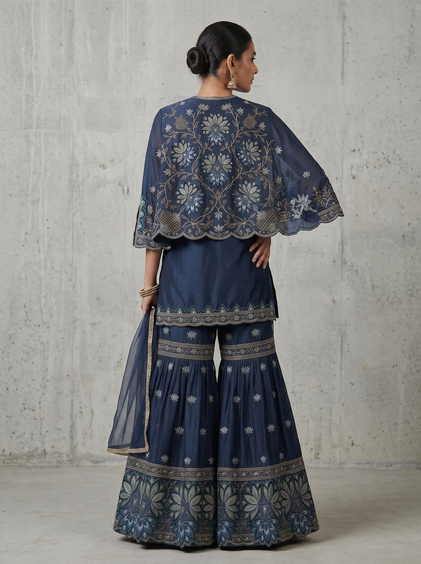 Midnight Blue Embroidered Georgette | Couture Sharara Set