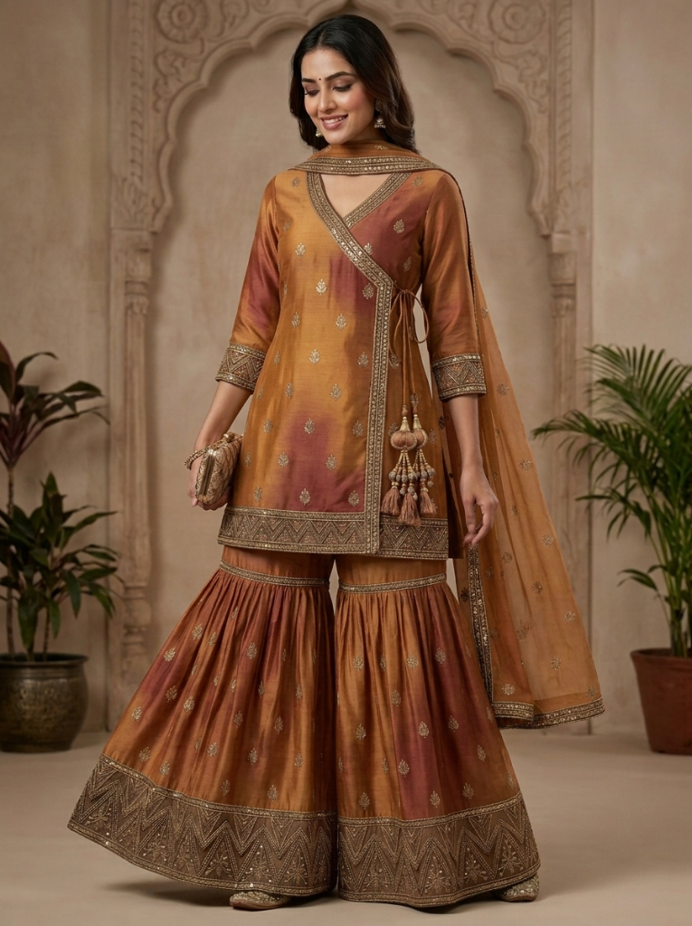 Embroidered Georgette Angrakha Style | Couture Sharara Set