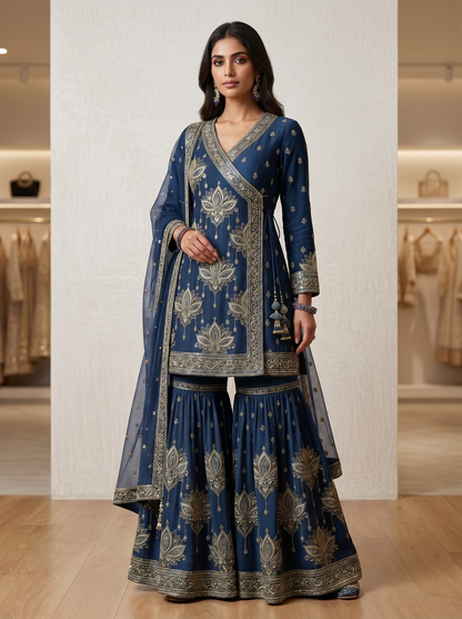 Lotus Embroidered Angrakha| Couture Sharara Set