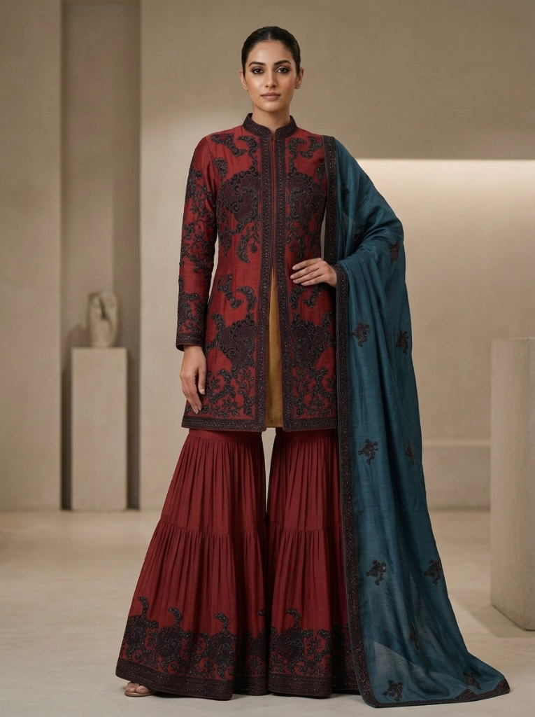 Midnight Teal Embroidered Georgette | Couture Sharara Set