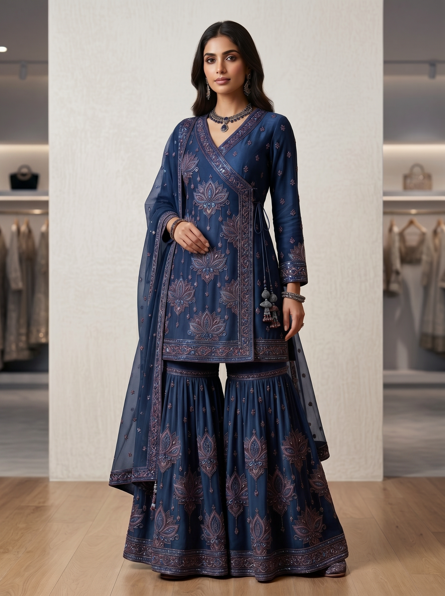Lotus Embroidered Angrakha| Couture Sharara Set
