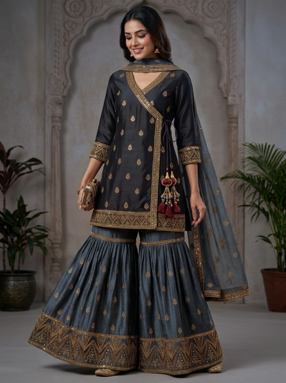 Embroidered Georgette Angrakha Style | Couture Sharara Set