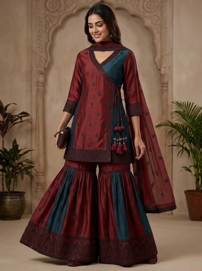Embroidered Georgette Angrakha Style | Couture Sharara Set