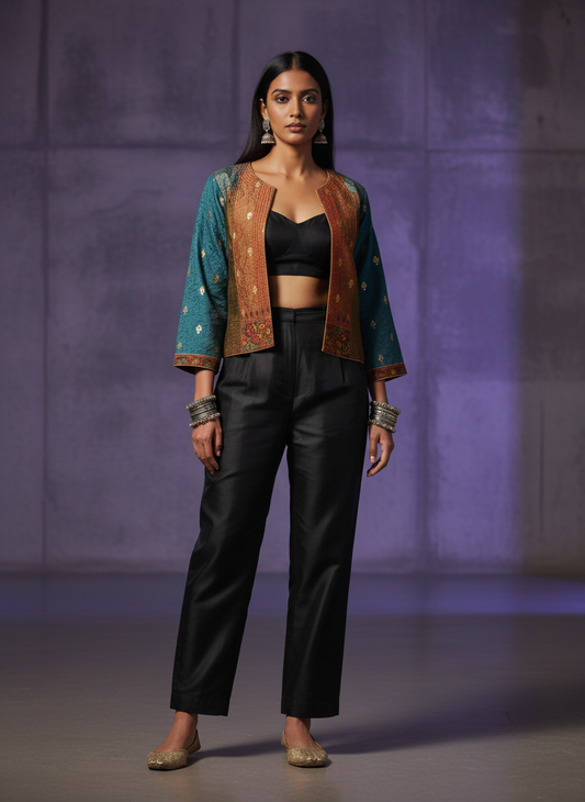 Woman wearing a teal jacket with star patterns, black top, and black pants against a purple background